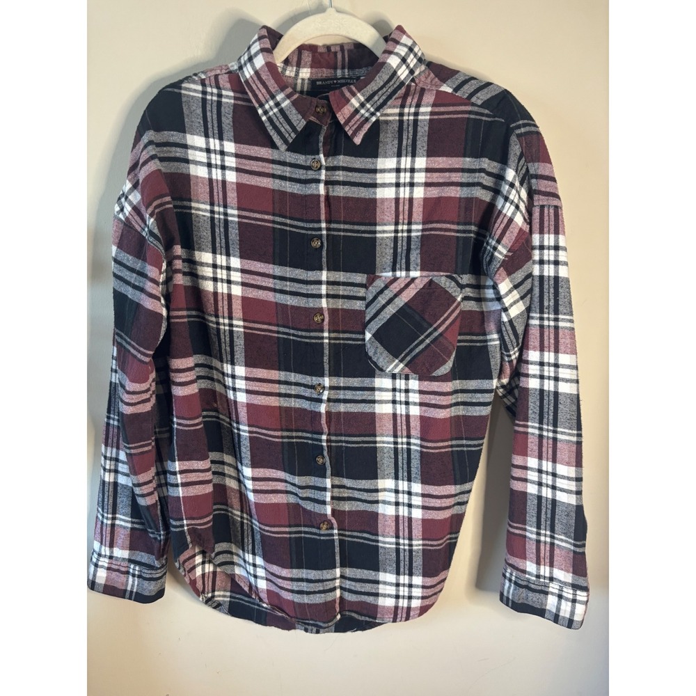 Brandy Melville Burgundy Plaid Flannel Button Down Shirt Oversized One Size